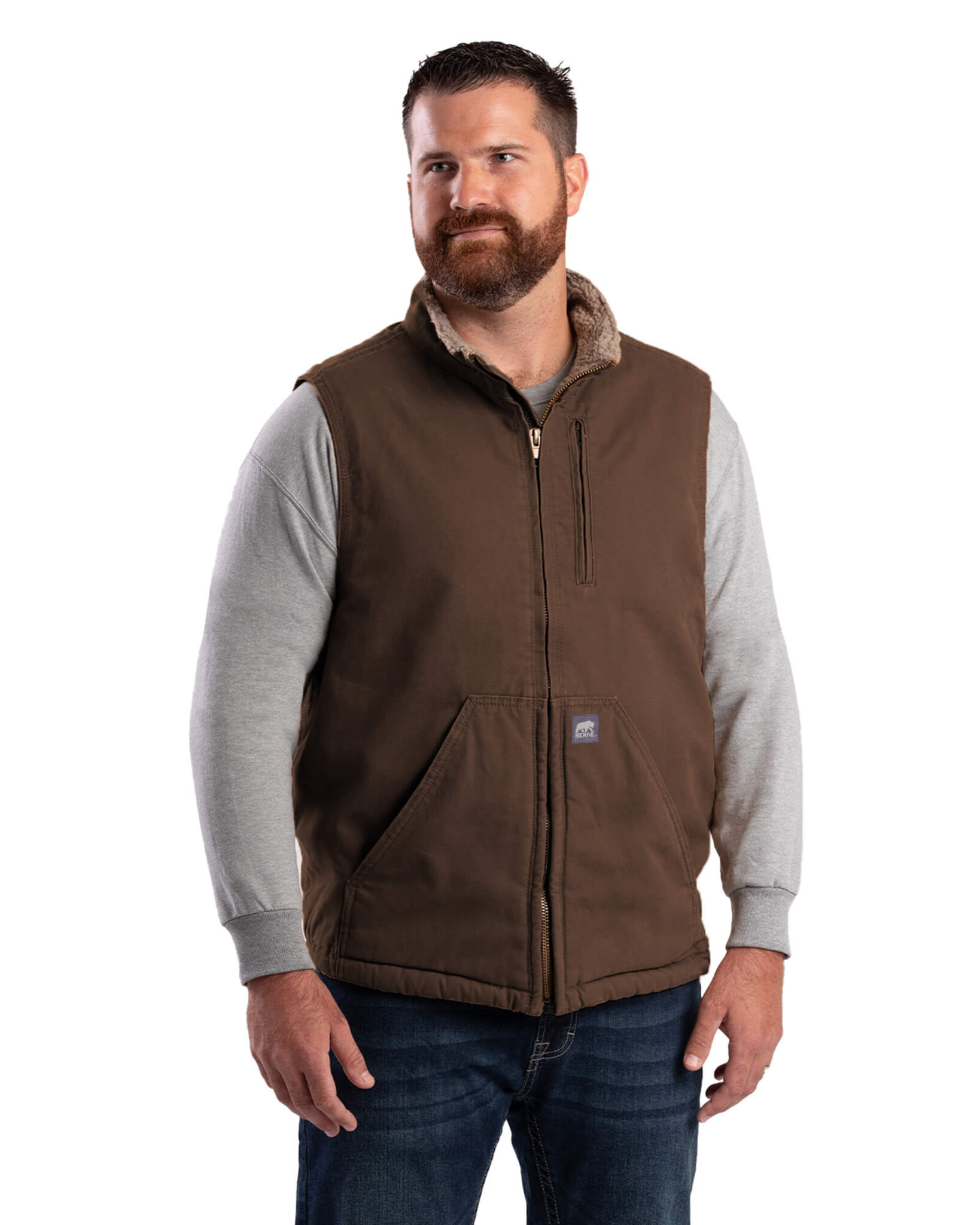 V818BB Heartland Sherpa-Lined Washed Duck Vest - Bark - Berne Work